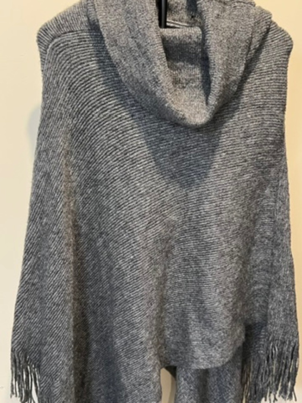 Cowl Neck Gray Poncho with Fringe Detail